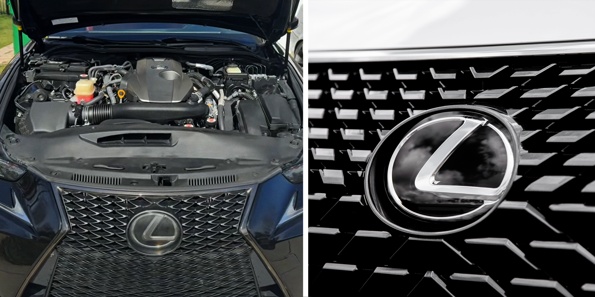 Split image. Under the hood of Lexus car on left. Lexus logo on right.