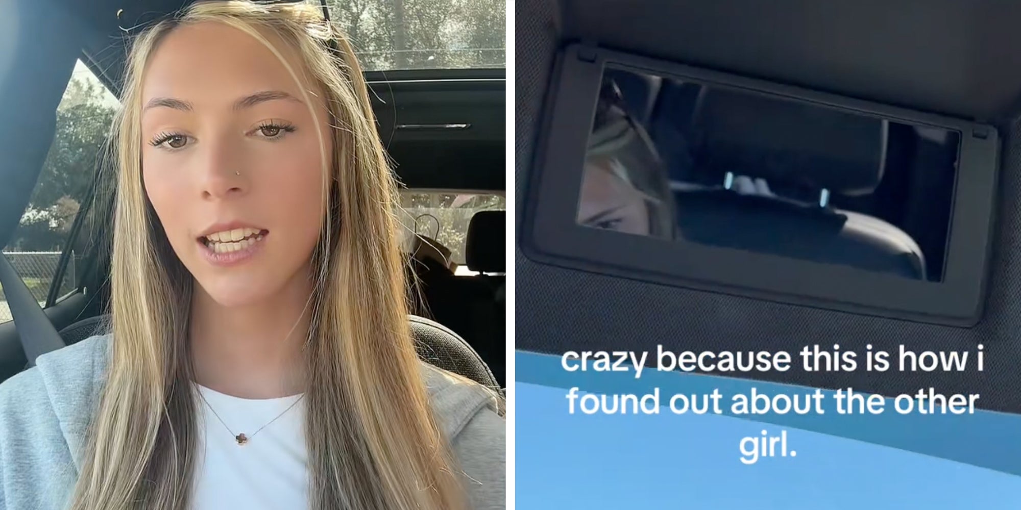 Woman talking(l), Woman looking at mirror on sun visor with text 'crazy because this is how I found out about the other girl.'(r)