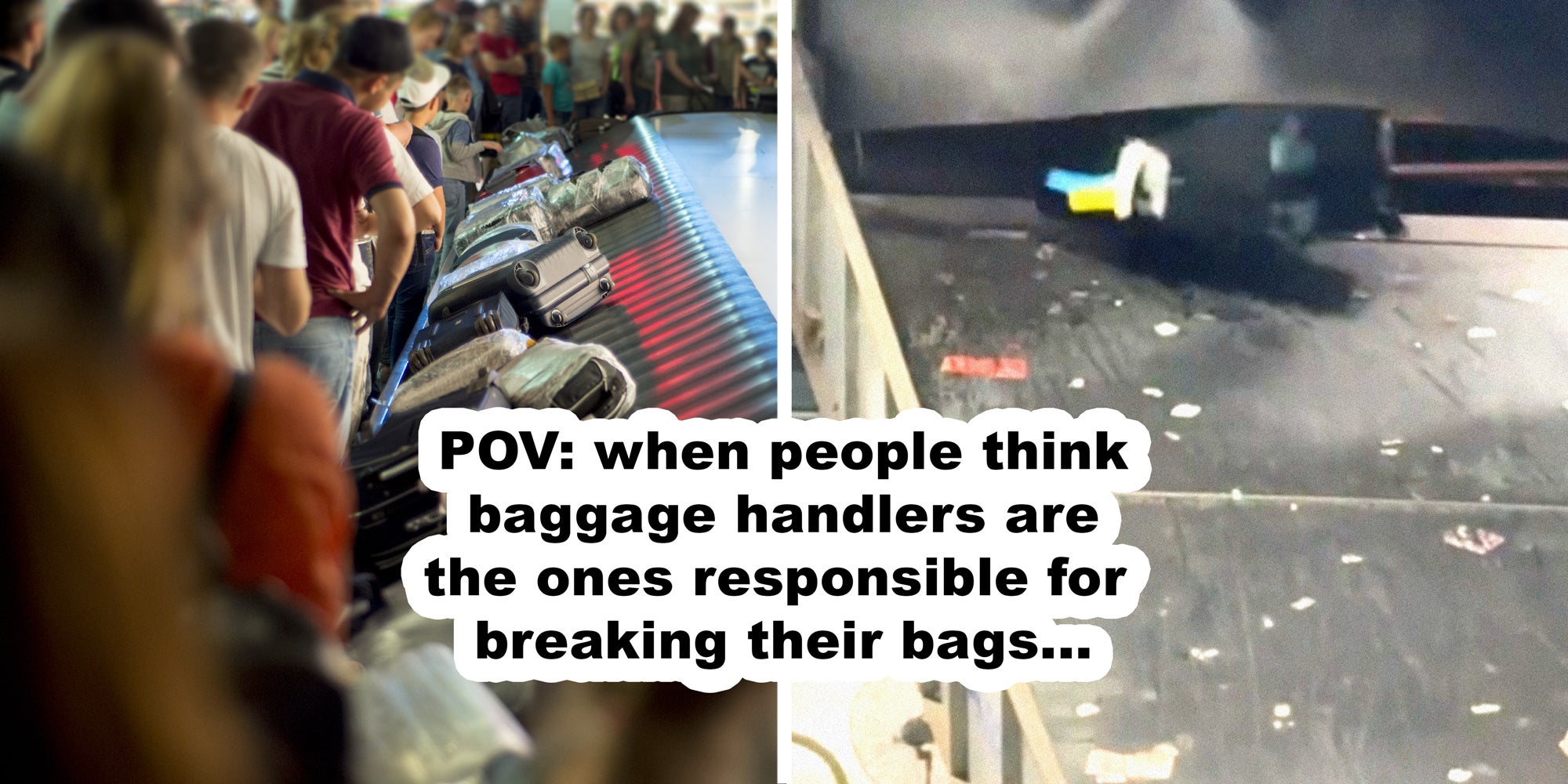 2 panel image: on the left is a crowded airport baggage claim and on the right is a bag coming down a conveyor belt.