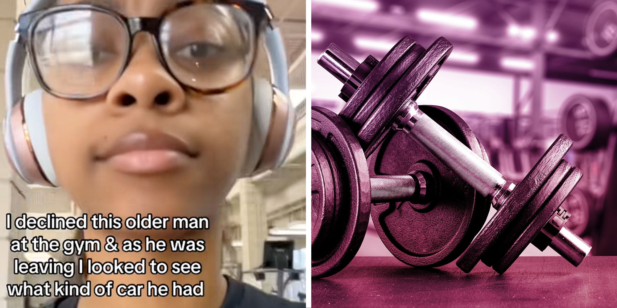 Screenshot of Tiktok user @giveonsupremacy1 with the caption 'I declined this older man at the gym & as he was leaving I looked to see what kind of car he had.'; Photo of weights at a Gym.