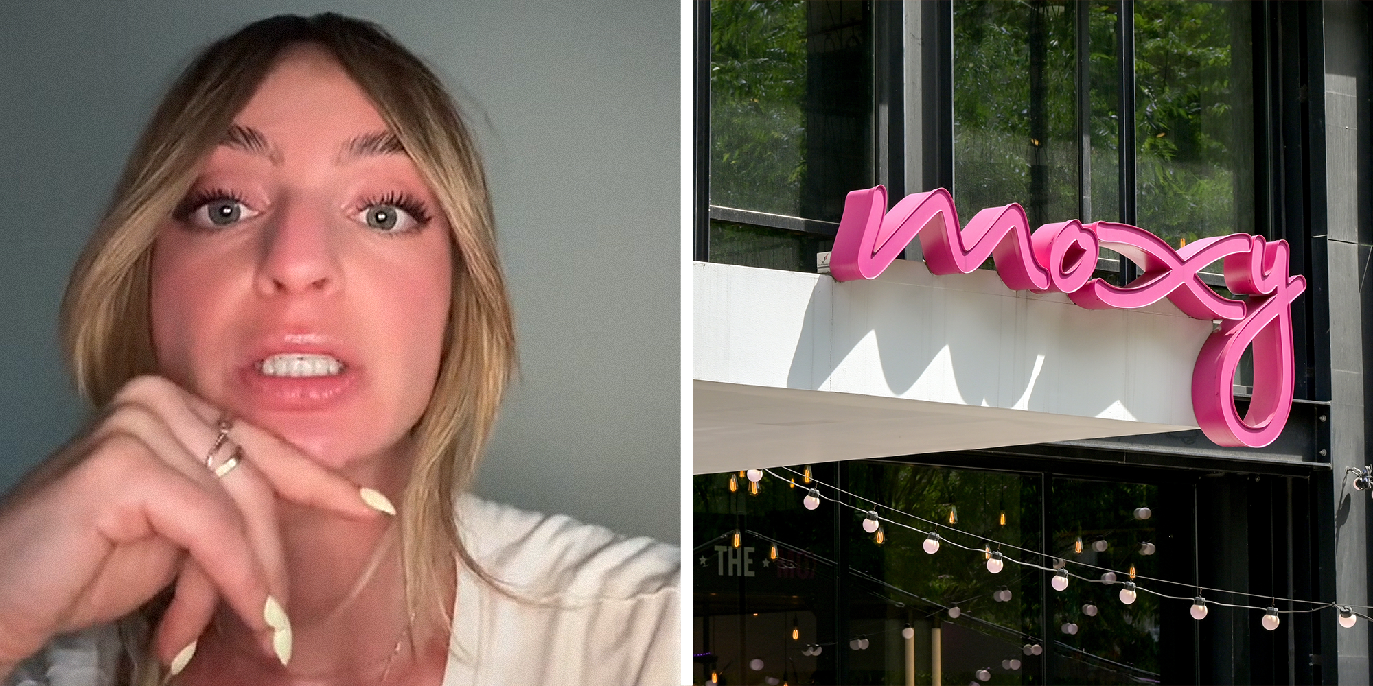 Split image. Woman angrily explaining experience while staying at Marriott Moxy on left. Moxy hotel logo on building on right.