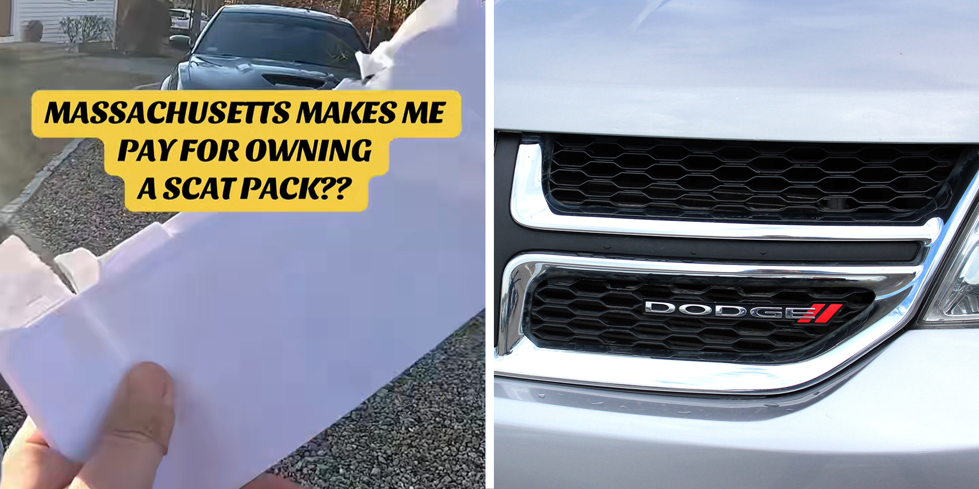 Man holding envelope with car in the background and text overtop that reads: 'Massachusetts makes me pay for owning a scat pack??' on left. Dodge logo on car on right.