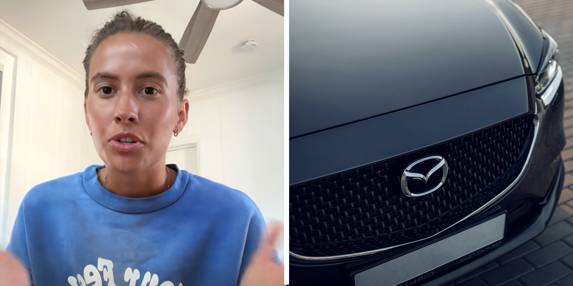 2 image split. Woman talking on left. Mazda car on right.