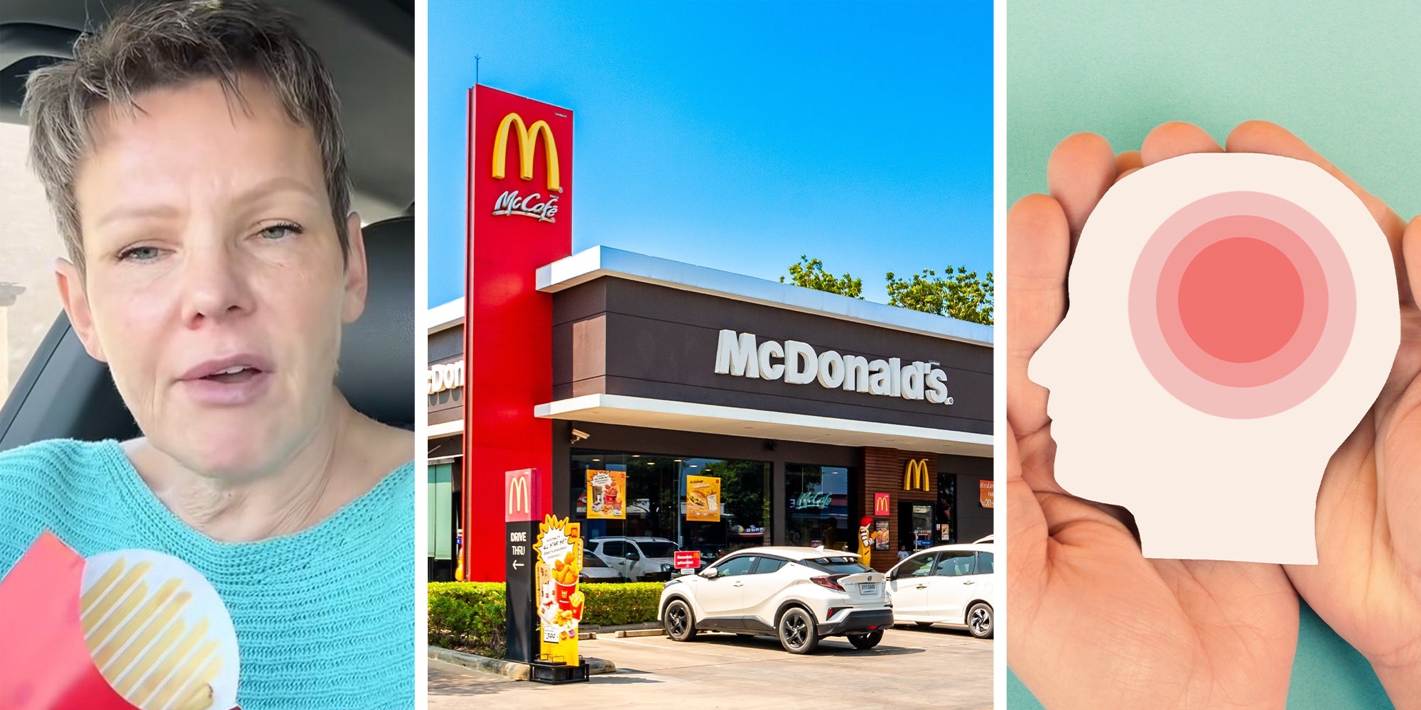 Woman eating mcdonalds fries(l) McDonalds Restaurant(c) Hand holding silhouette cut out of head with red indicators to show a migraine(r)
