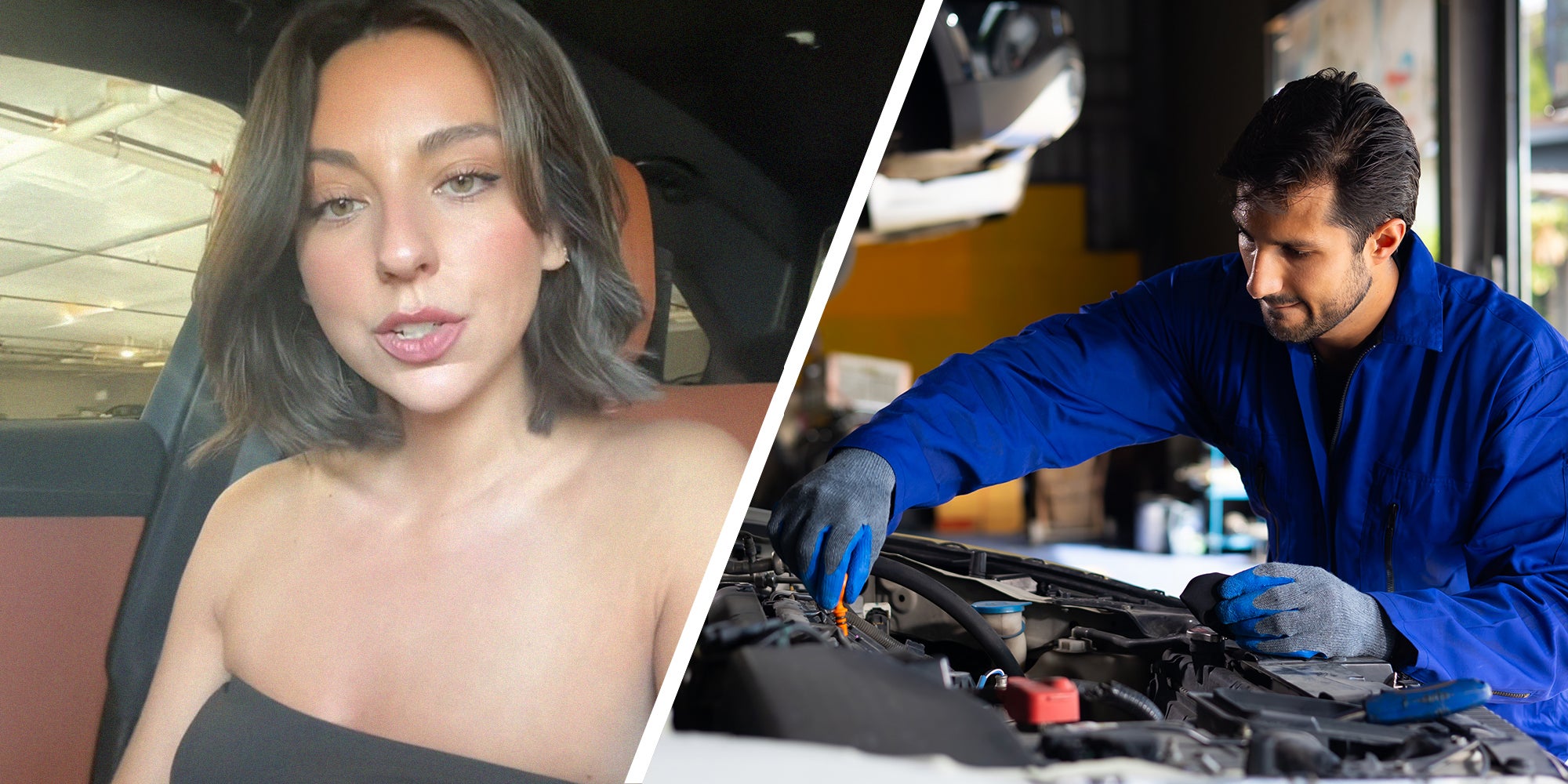 woman shares noise she heard under hood(l) Mechanic checking vehicle(r)d
