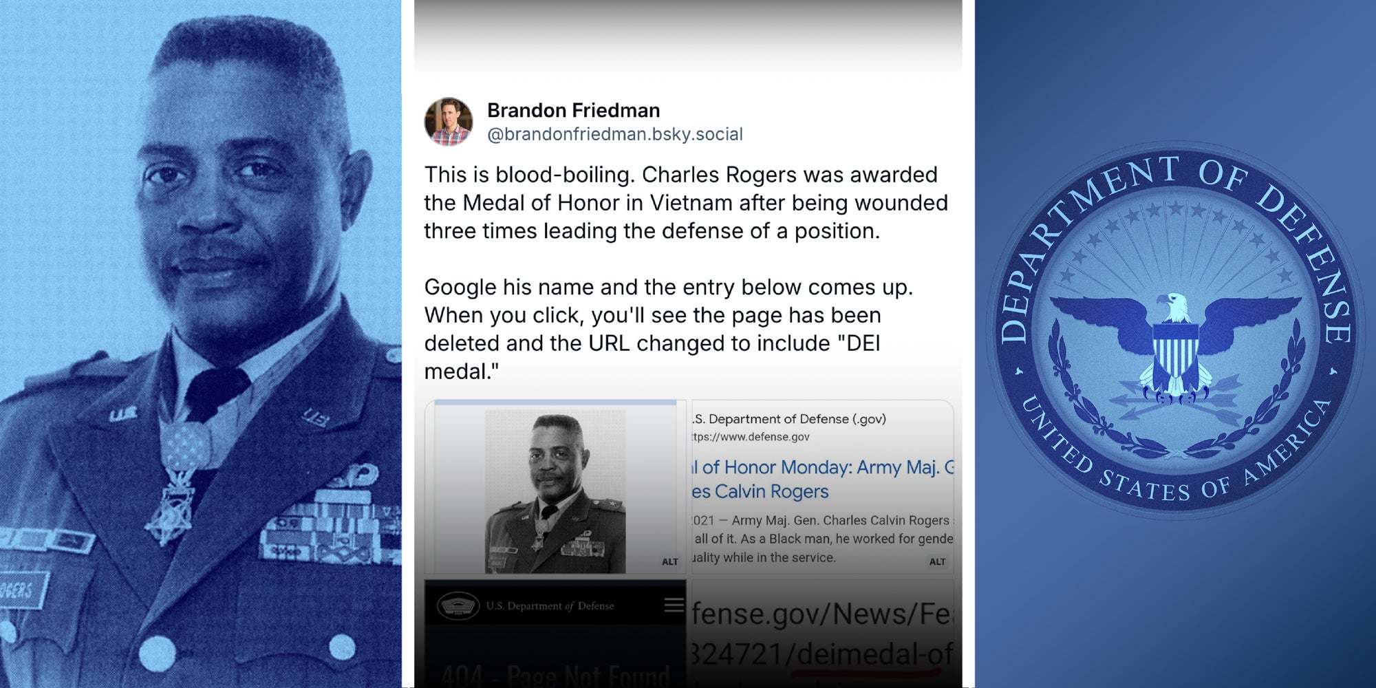3 panel image showing Charles Rogers, a post from Brandon Friedman, and the seal of the US Department of Defense.