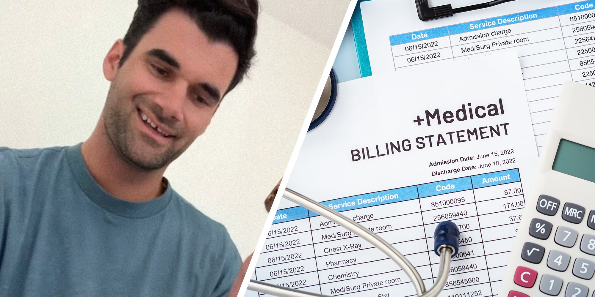 man realizes medical bill increase(l) Medical billing statement with stethoscope and calculator, hospital and healthcare cost(r)