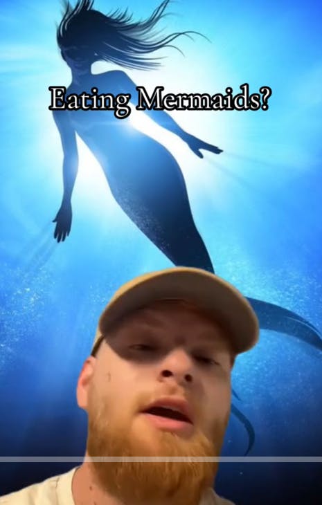 Mermaid eating dinner party TikTok video with a man speaking to the camera behind a caption reading 'Eating Mermaids?' The green screen shots a silhouette of a mermaid in front of the sun.