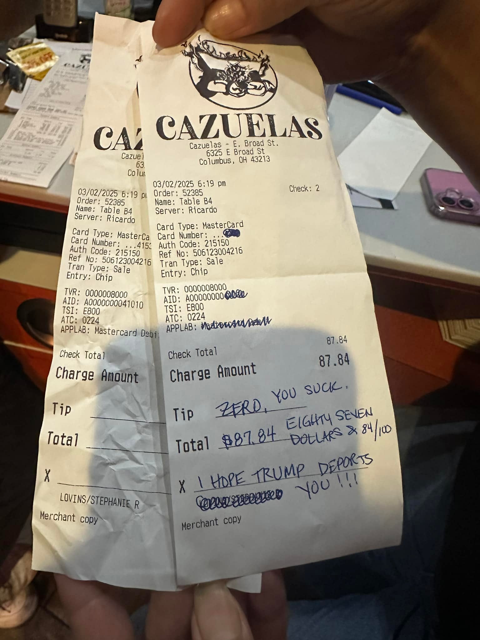 Receipts showing the hateful message, 'Tip: Zero, you suck. [...] I hope Trump deports you!!!'