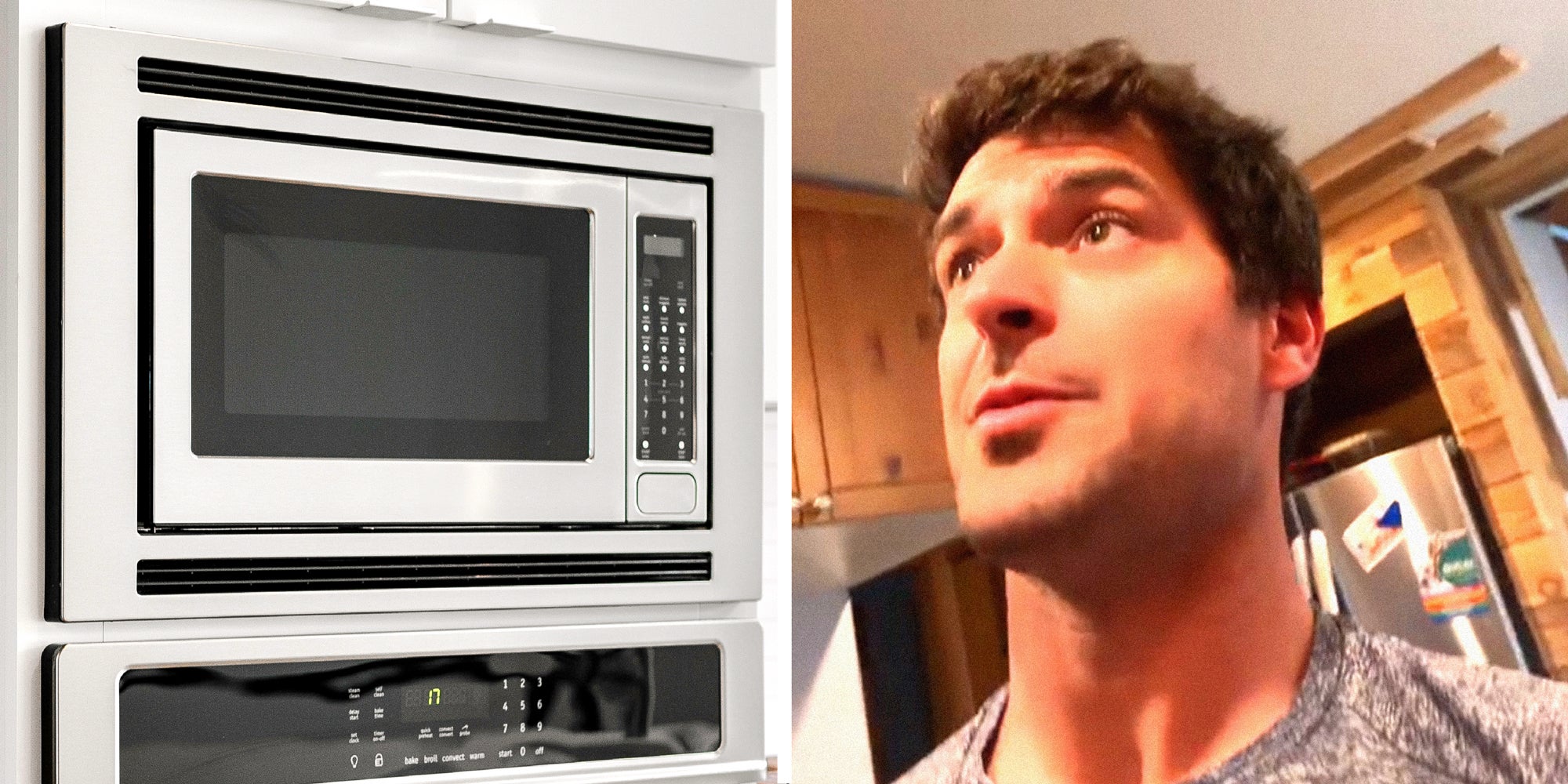 2 panel image: a microwave oven on the left and a person explaining on the right.