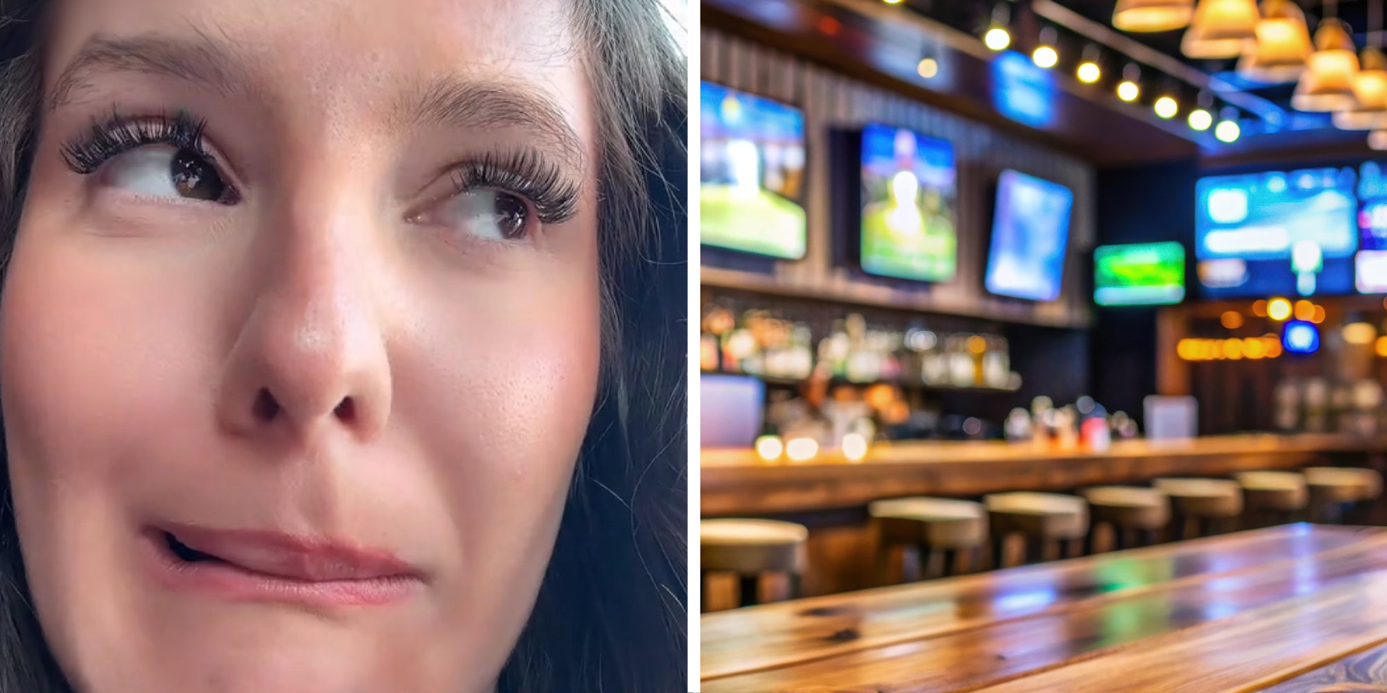 2 panel image, on the left a person smirks and on the right is an empty sports bar.