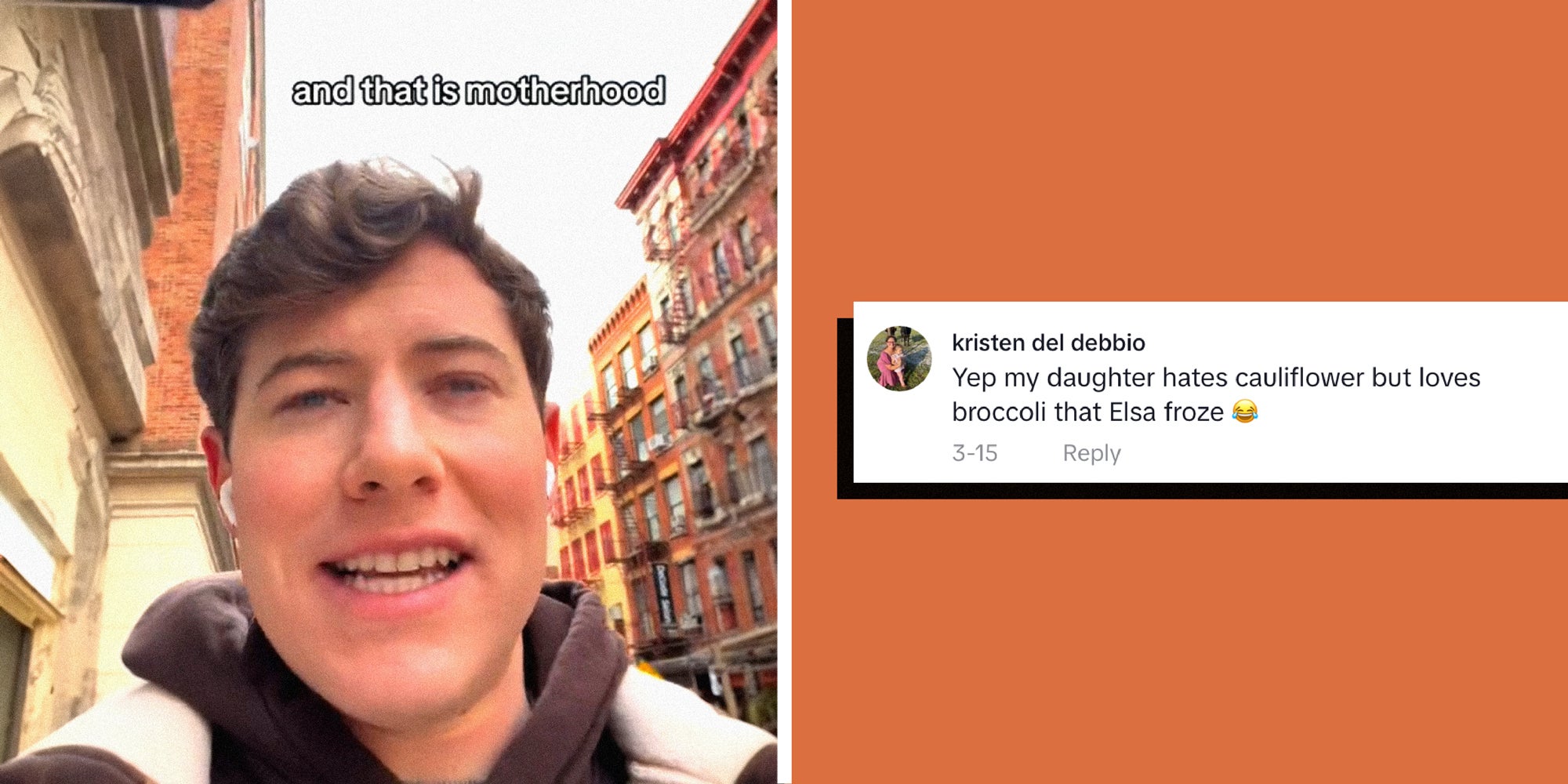 2 panel image: on the left a person explains, text over: and that is motherhood. On the right is a comment from a TikTok user.