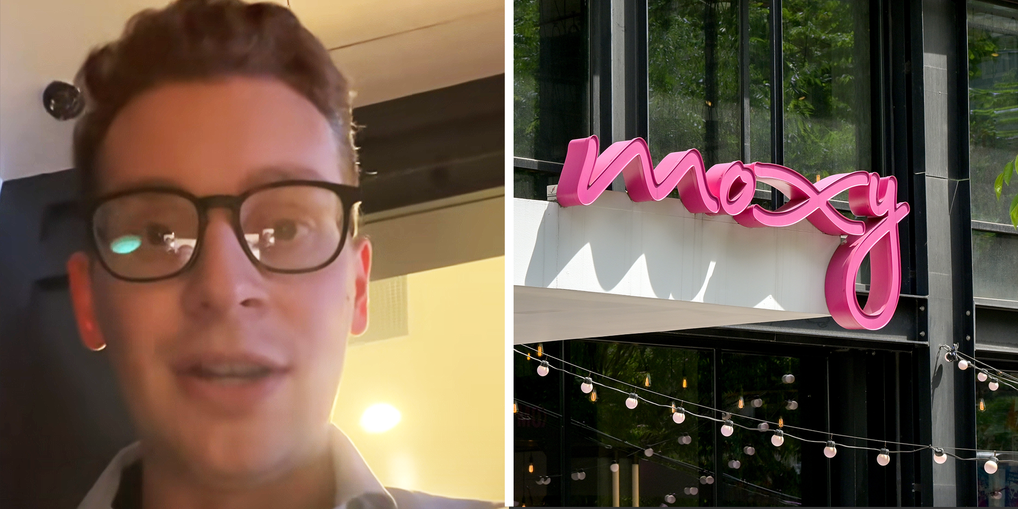 2 image split. Man on left. Moxy building on right.