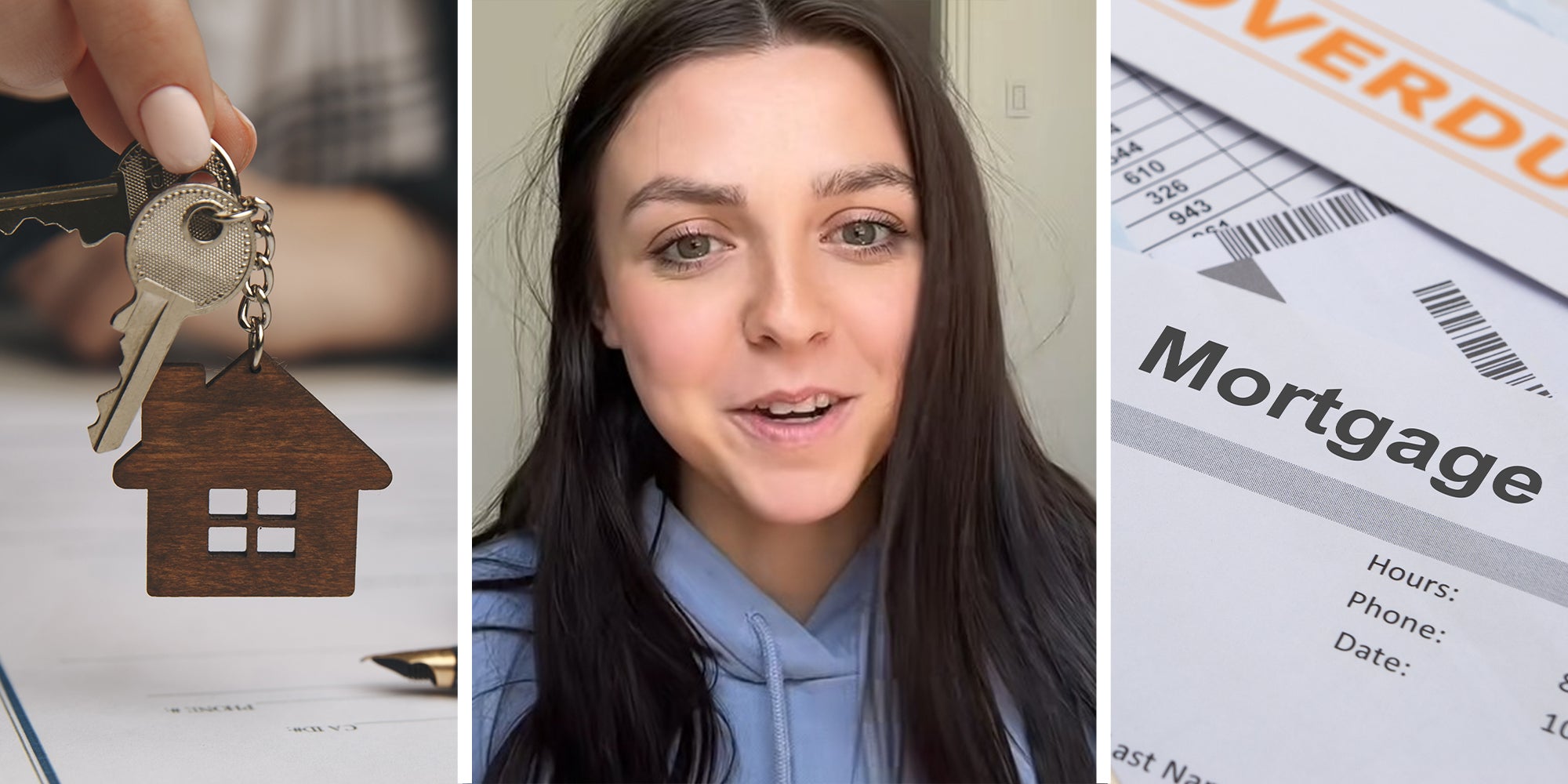 House Key and Chain(l) Woman with long black hair(c) Paper with word 'Mortgage' thick and bold(r)