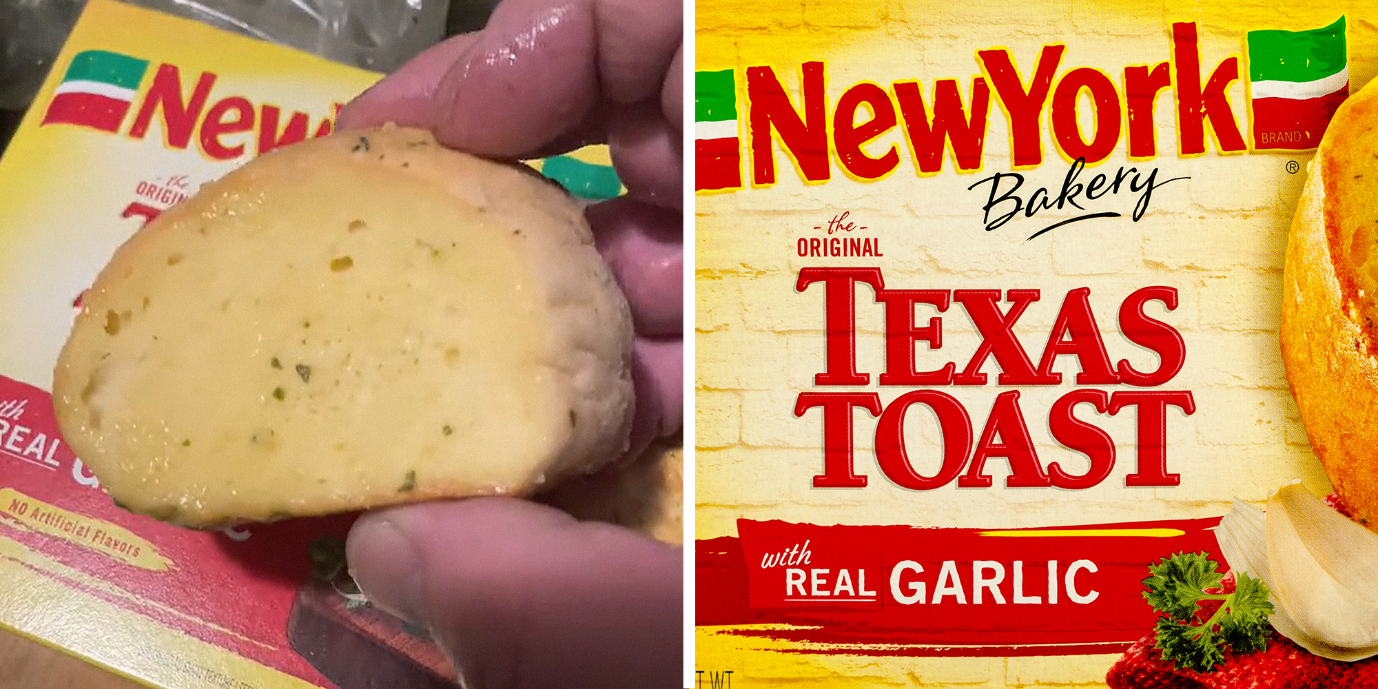 Split image. Man holding slice of New York Bakery Texas Toast on left. Package of New York Bakery Texas Toast on right.