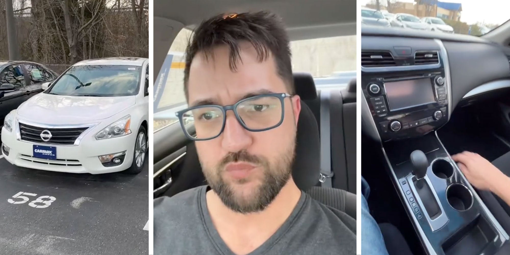 Left: Screenshot of a 2013 Nissan Altmina from @carsandkeys's Tiktok; Screenshot of Tiktok user @carsandkeys in a Nissan Altima; Screenshot of a 2013 Nissan Altima console.