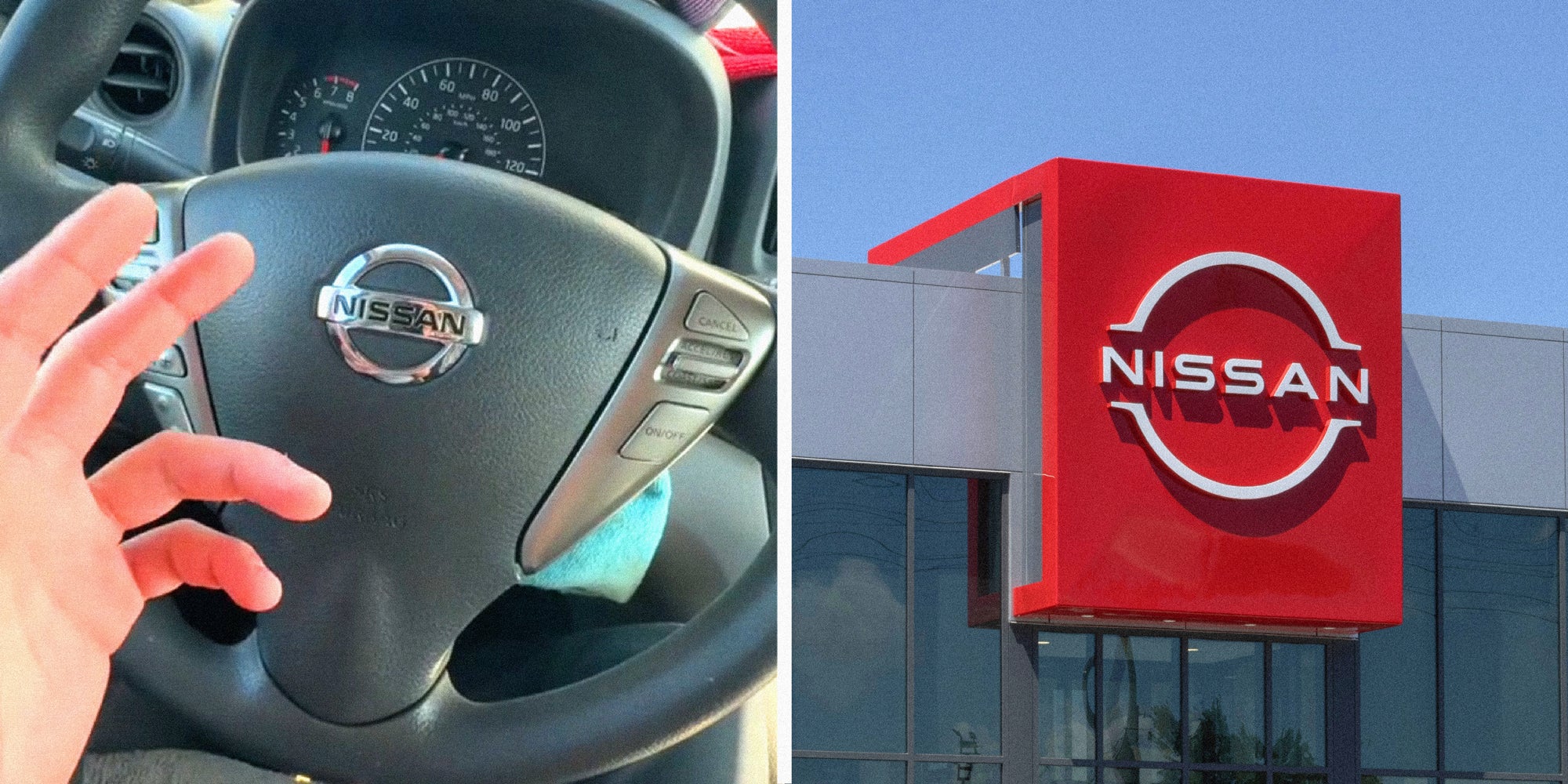 2 panel image: a person talks inside their car on the left and on the right is a Nissan dealership sign.