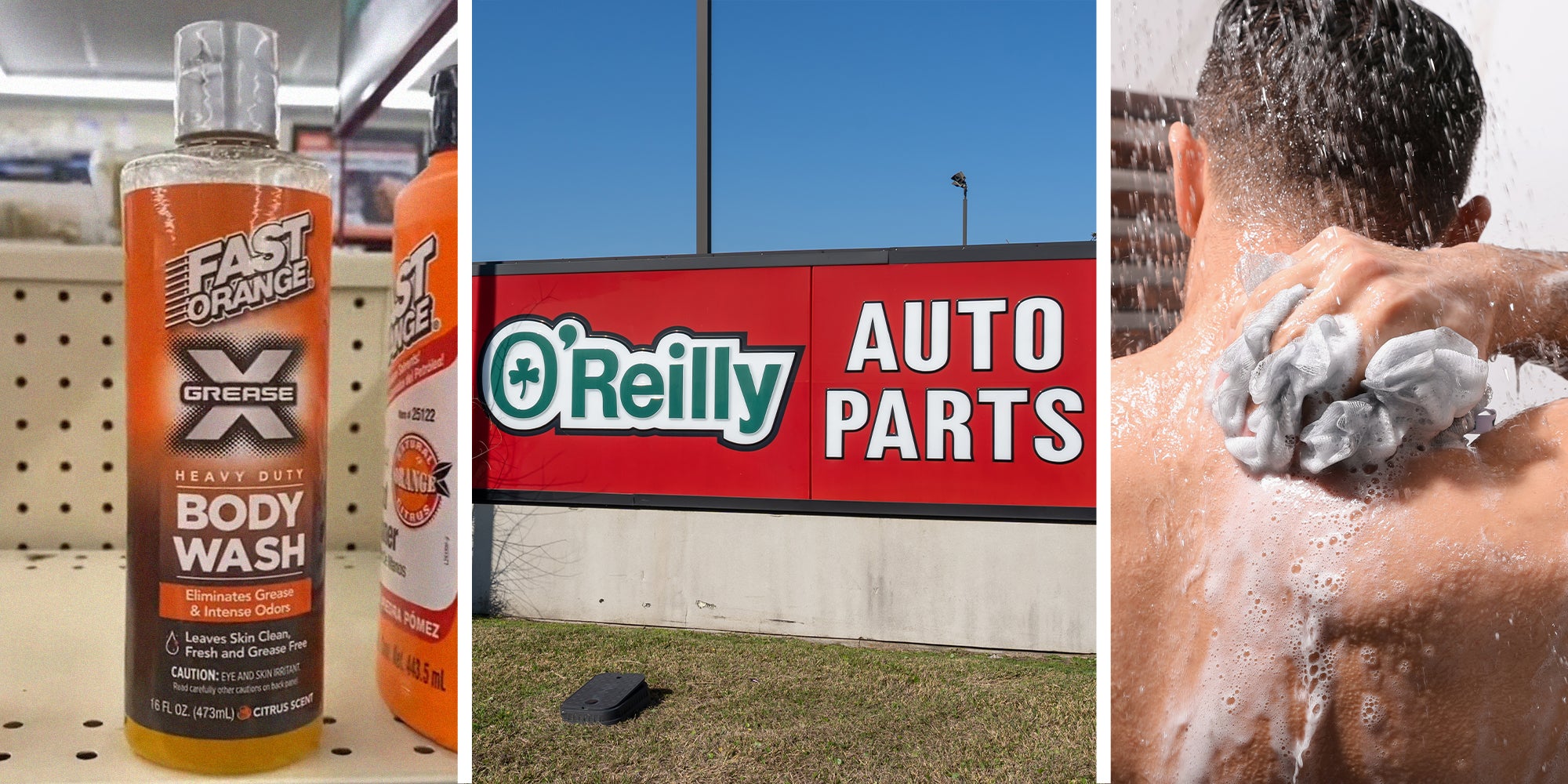 Bodywash Grease X on store self(l) O' reilly store sign(c) Man taking a shower(r)