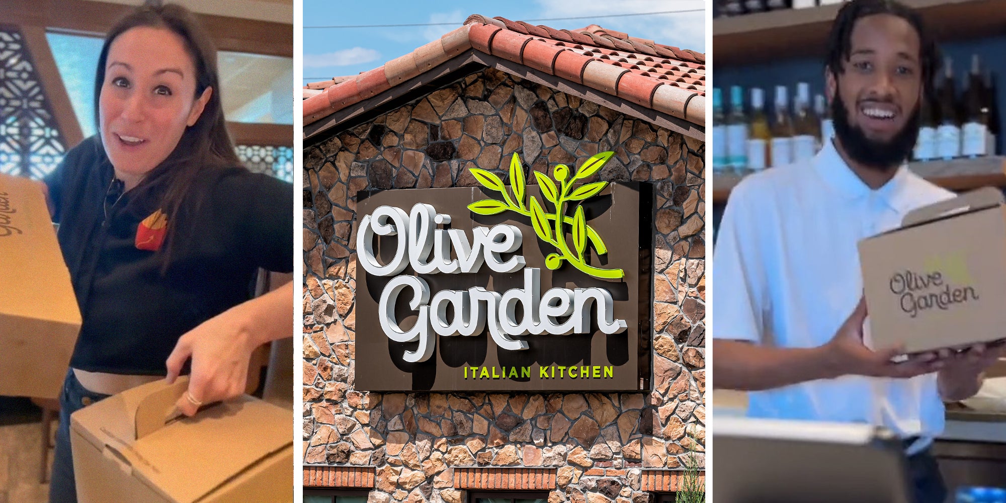 woman holding up boxes from olive garden(l) Oliver Garden Sign on building(c) Oliver Garden Worker delivering boxes(r)