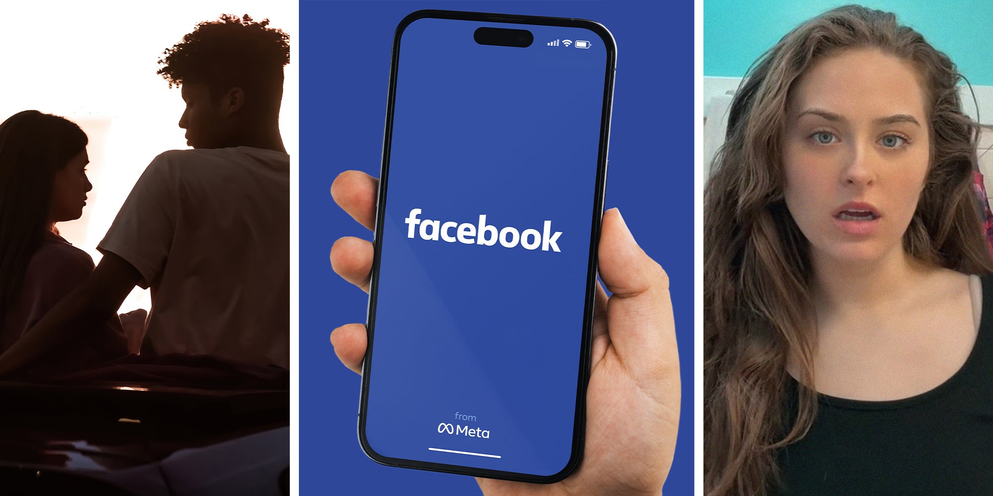 couple in parking lot(l) Facebook logo on phone display(c) Woman looking shocked(r)