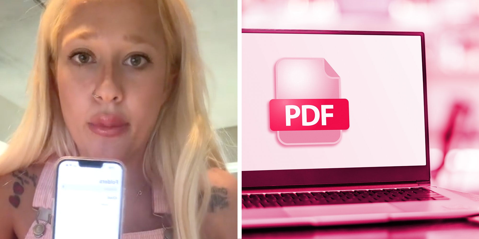 Screenshot of Tiktok user @americanbigfootcenter holding an IPhone; Photo of a Laptop with the PDF symbol on the screen.
