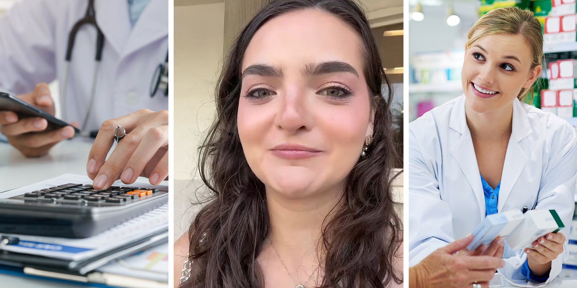 Doctor physician calculate medical healthcare(l) Woman explains experience at pharmacy(c) Pharmacist comparing medical health(r)