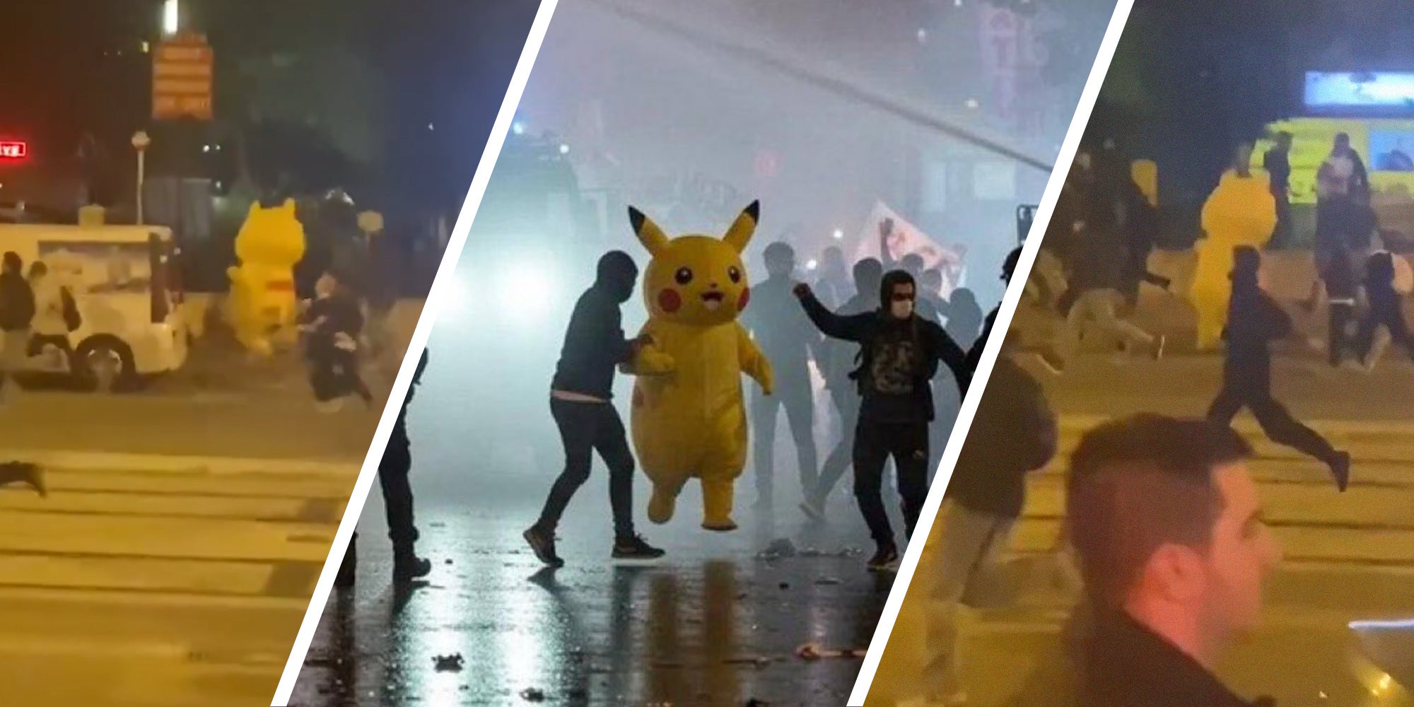 Man in costume running from police(l) AI image of a person in a pikachu costume running from people(c) people running from police(r)