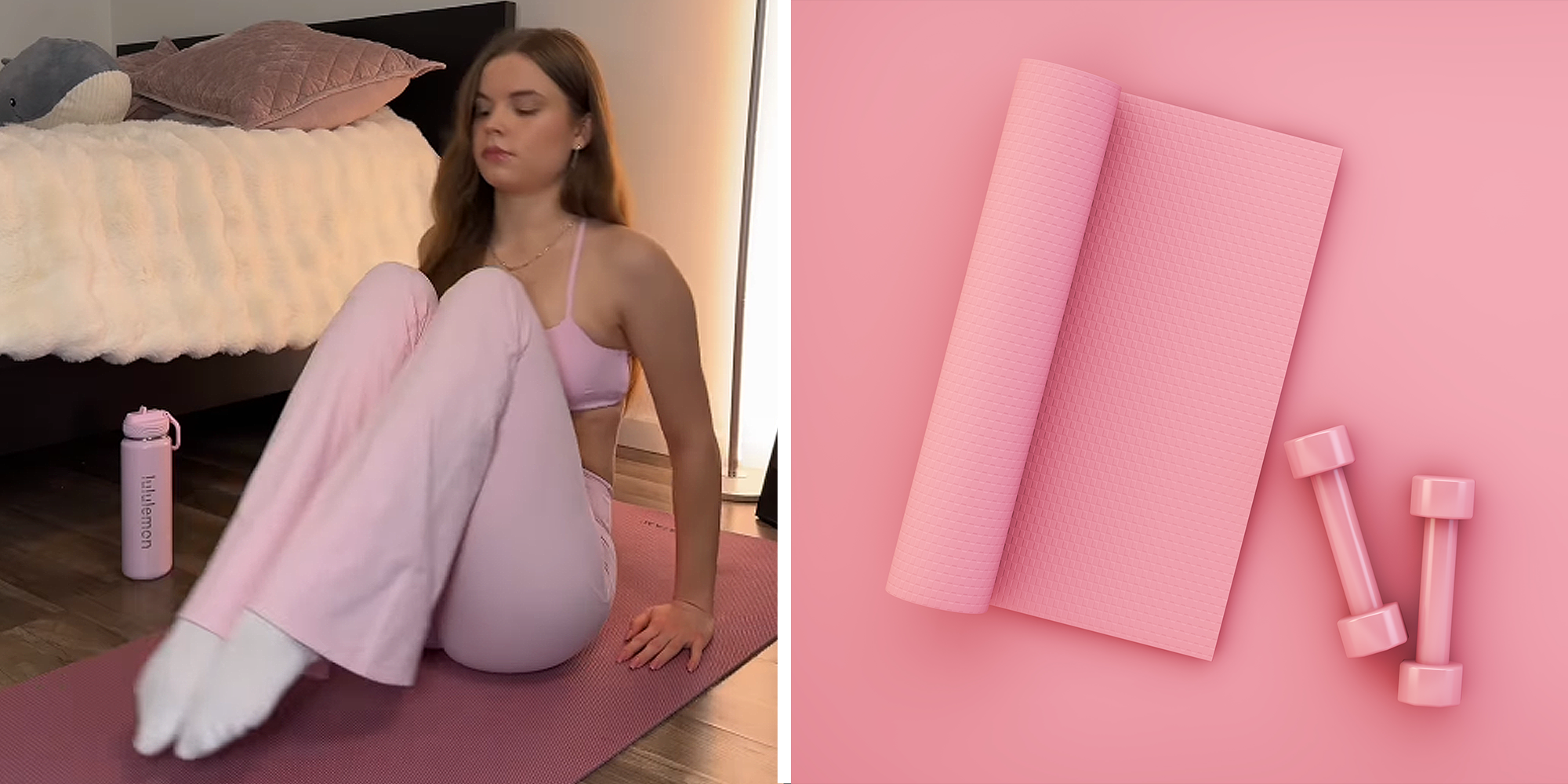 Woman doing Pilates workout in pink set on pink yoga mat on left. Pink yoga mat and dumbbells on right.
