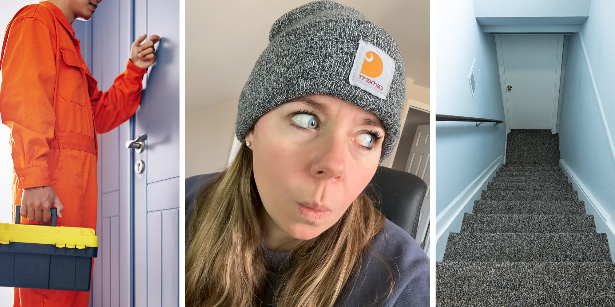 Plumber knocks on door(l) Woman shares story of what was found on her basement(l) stairway leading to basement door(r)