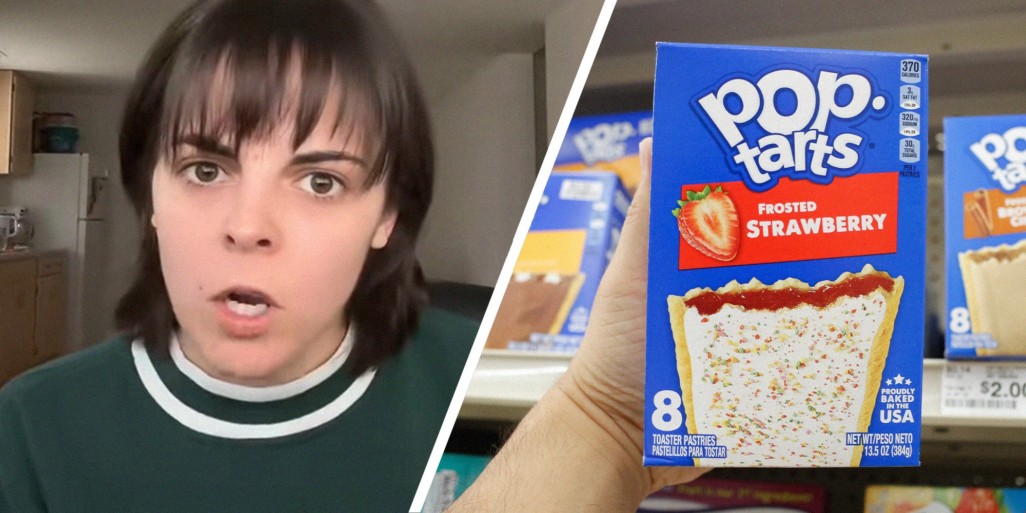 woman looking angry(l) Pop Tarts Box(r)