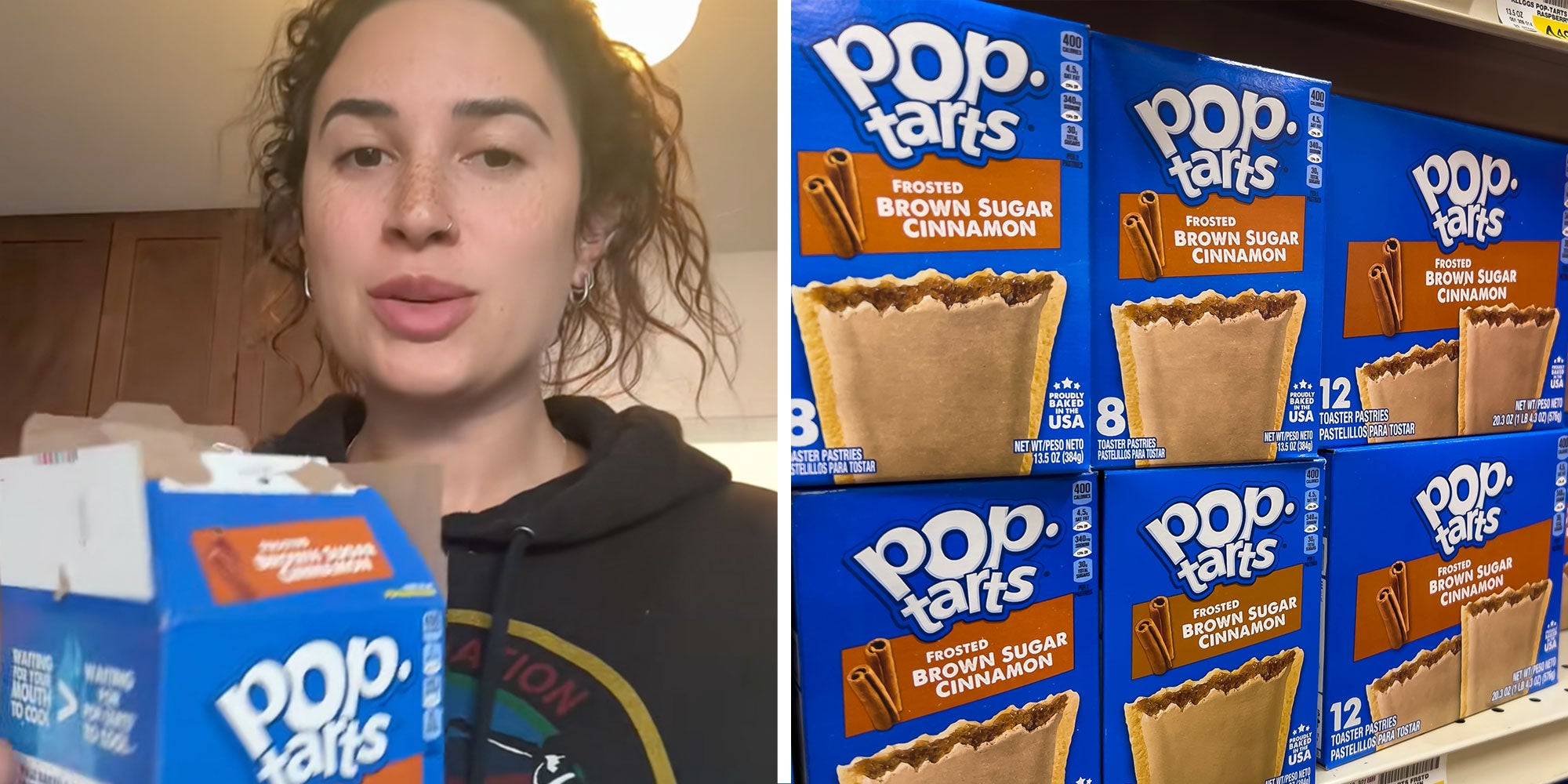 Left: Screenshot of Tiktok user @alanahcole with a box of Pop-Tarts; Right: A grocery shelf of Frosted Brown Sugar Cinnamon Pop-tarts