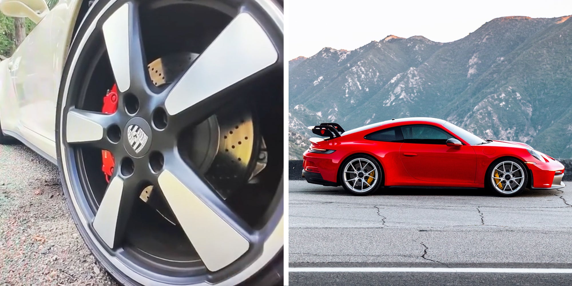 Wheel of Porsche(l), Porsche on road(r)