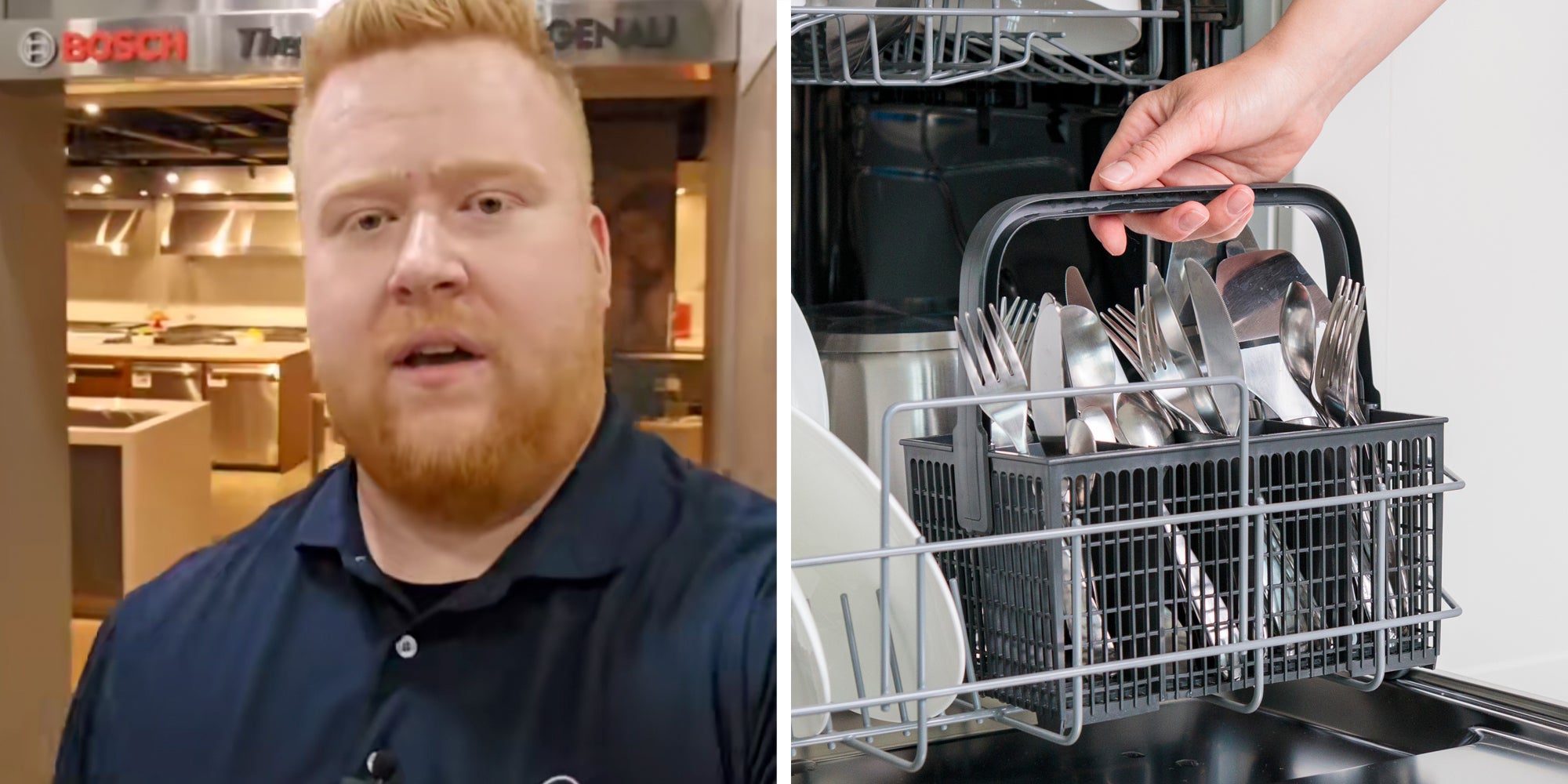 Man talking(l), Hand putting cutlery in dishwasher(r)