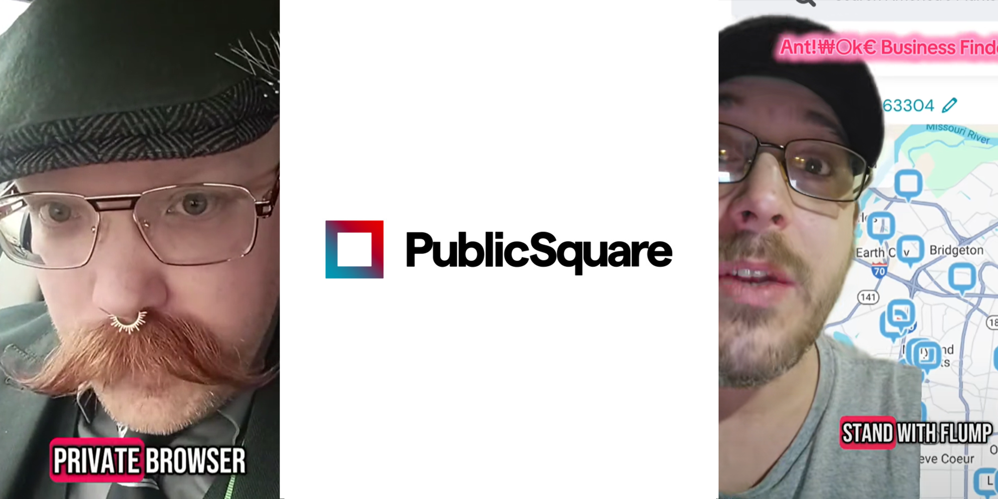 3 image split. Person sitting in car on left. Public Square logo in center. Person screen-sharing Public Square map on right.