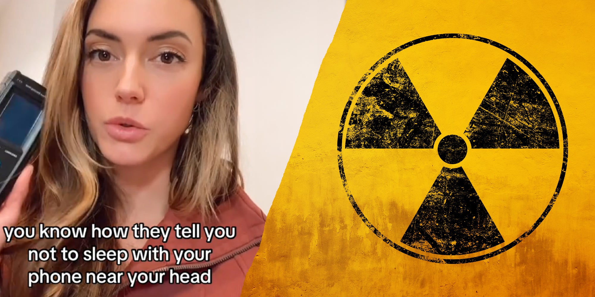 2 panel image of a person explaining and a radiation symbol.