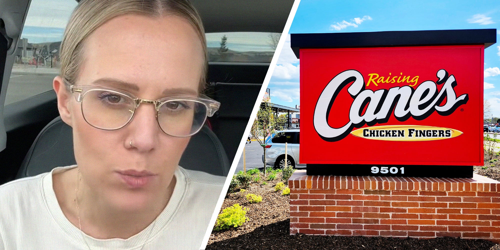 woman shares meal that she purchase at restaurant(l) Raising Cane's outdoor sign(r)