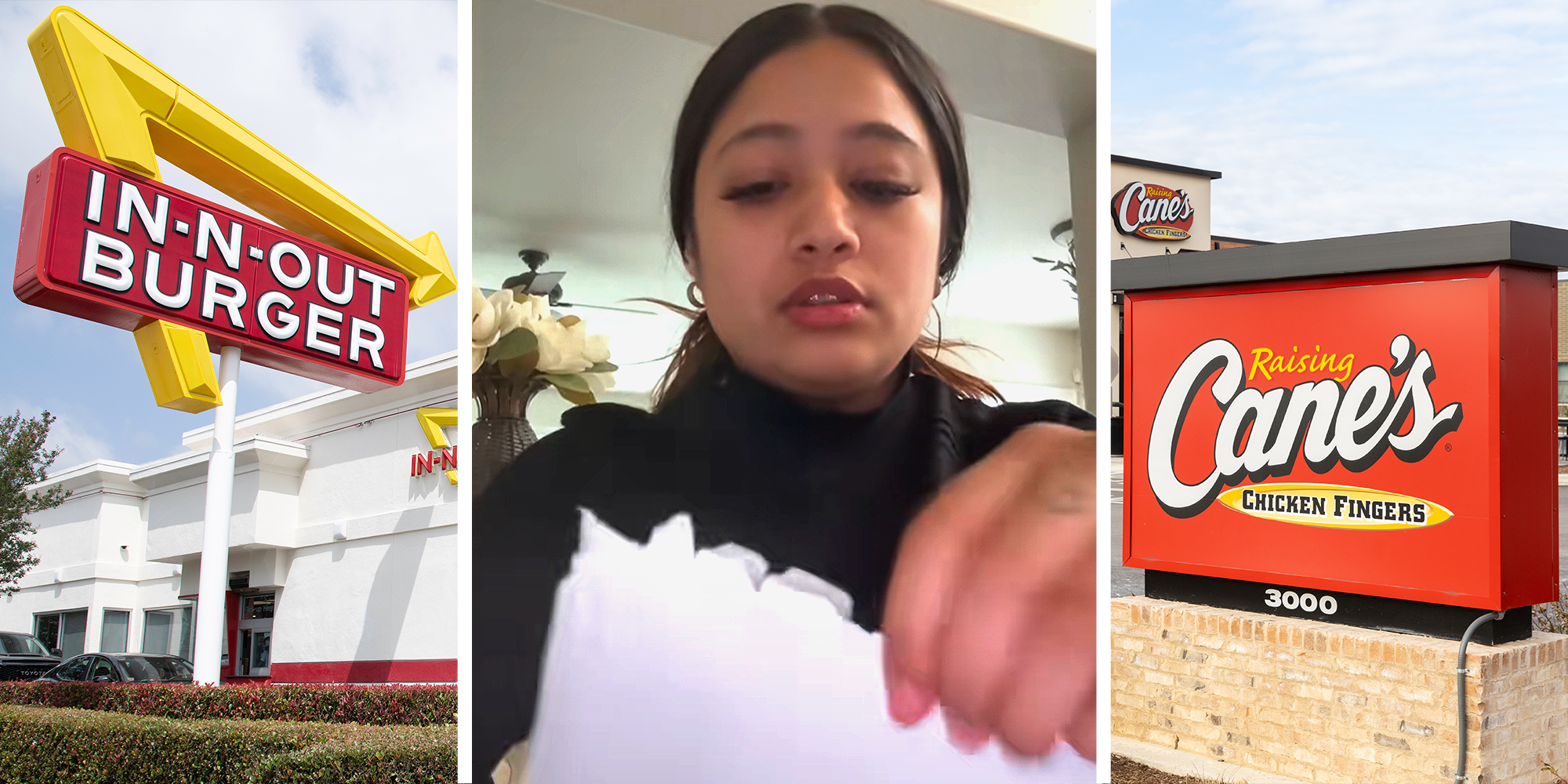 3 image split. In-N-Out logo on left. Woman opening envelope in center. Raising Canes sign on right.