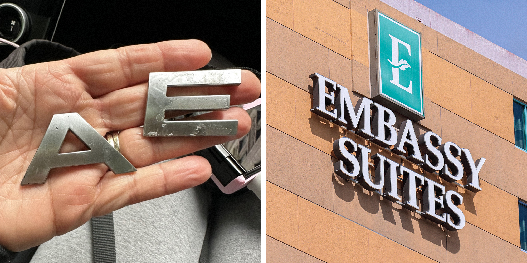 Split image. Hand holding letter's 'A' and 'E' inside a car on the left. Embassy Suites logo on building on right.