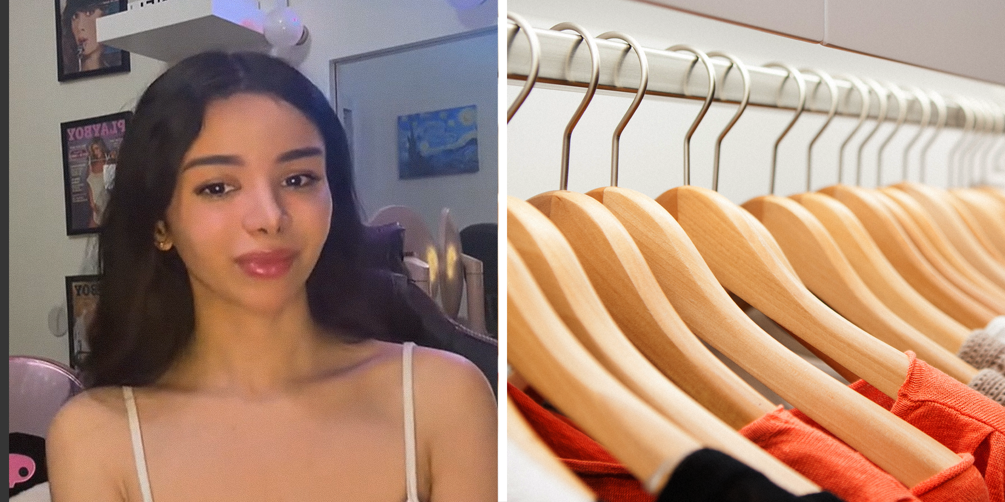 Disgusted looking woman explaining experience while working at designer store on left. Clothing hangers on rack on right.