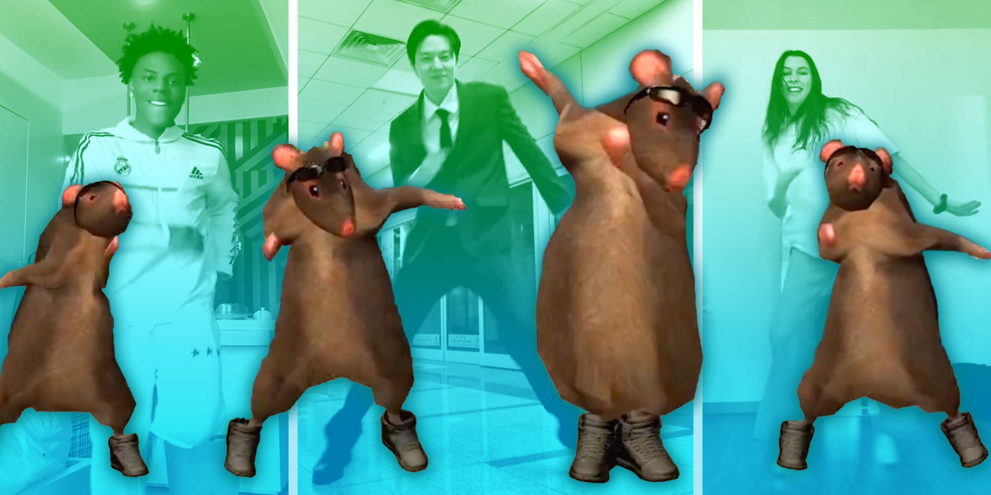Photo composite of Tiktok dancers @ishowspeed, @yoojeann, and @gloriagort performing the Rat Dance; Screenshots of Beto The Rat performing the Rat Dance