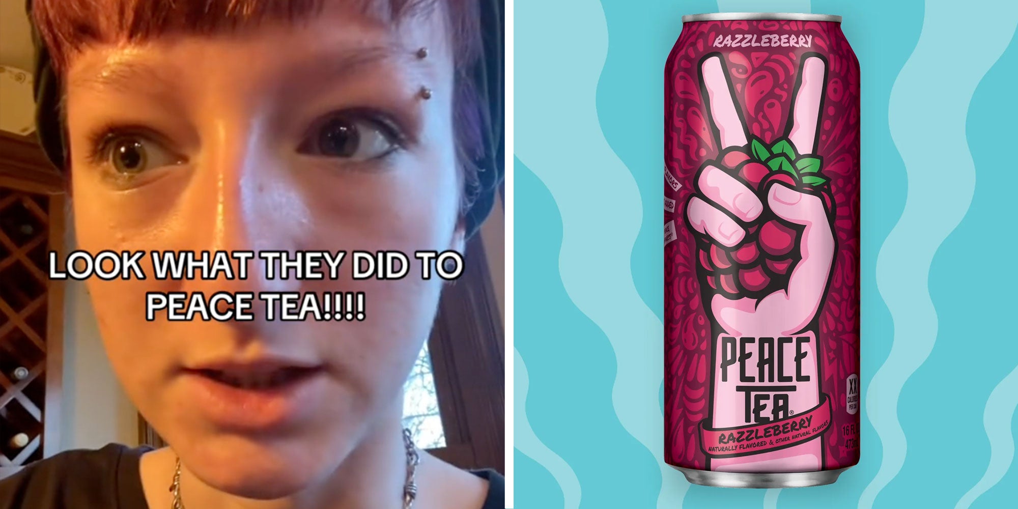 Screenshot of Tiktok user with the caption:'LOOK WHAT THEY DID TO PEACE TEA!!!!'; Promotional Photo of a can of Razzleberry Peace Tea