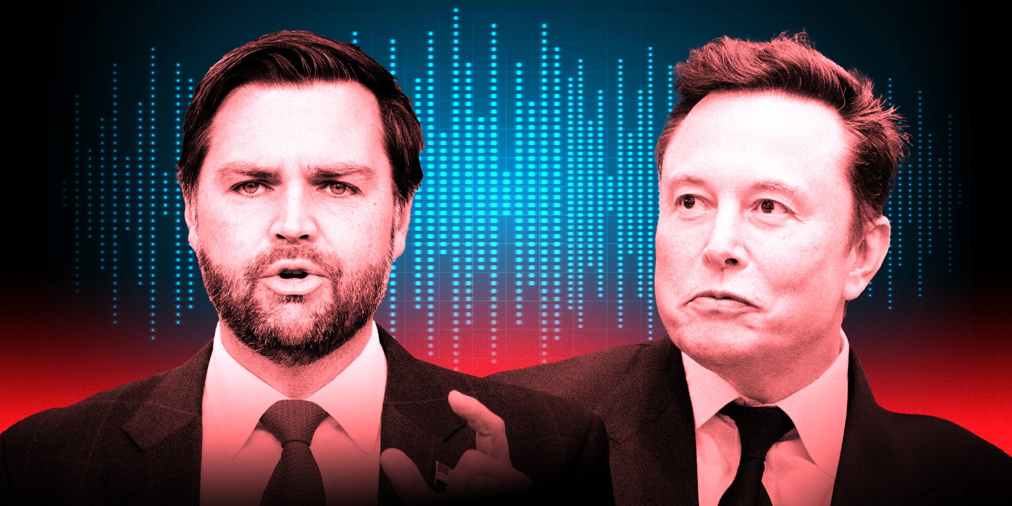 photo collage image showing JD Vance and Elon Musk in front of an audio bar.