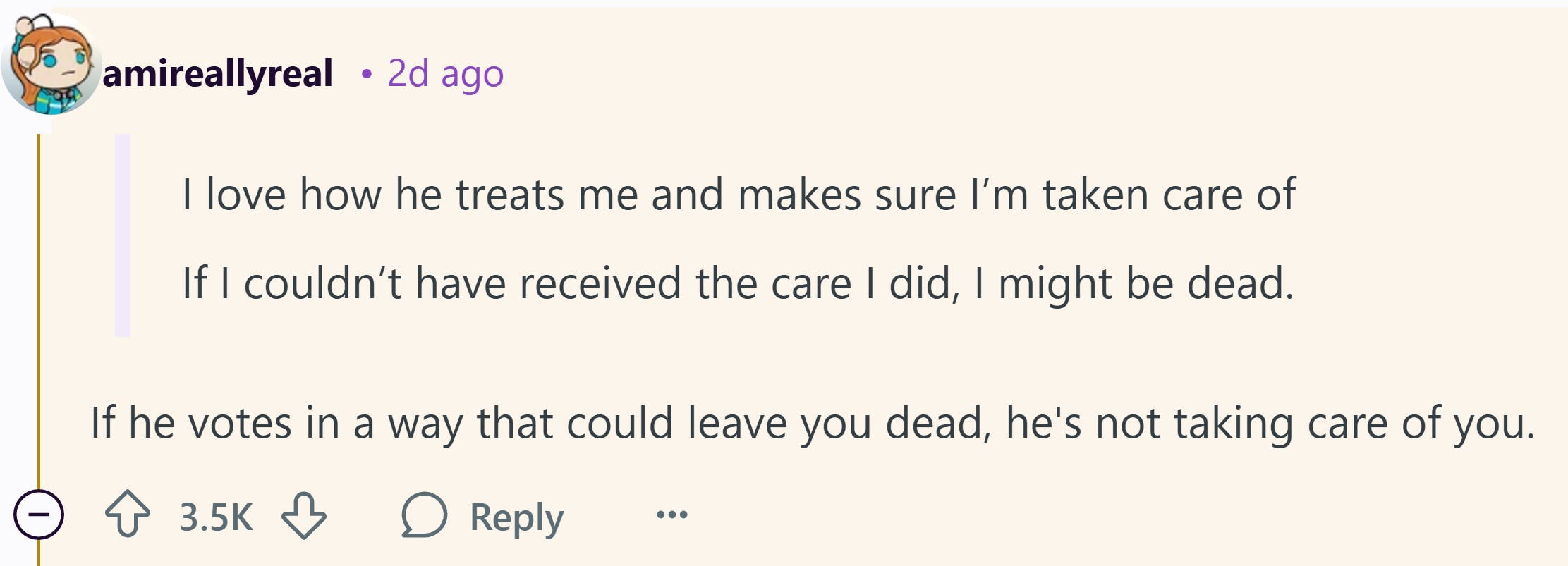 Reddit comment that reads, 'If he votes in a way that could leave you dead, he's not taking care of you.'