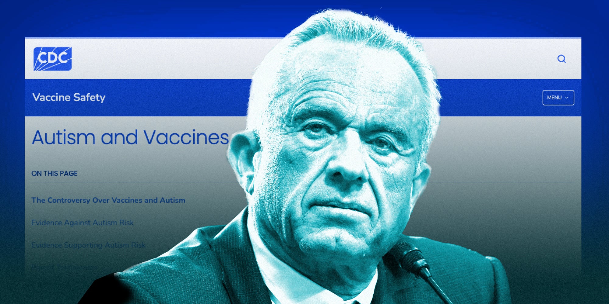 photo collage image of RFK Jr. in front of a page from the CDC website.