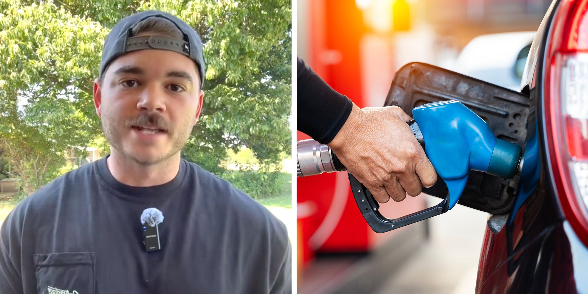 Screenshot of Tiktok user @daddybrownn; photo of a hand filling up a gas tank at a gas station.