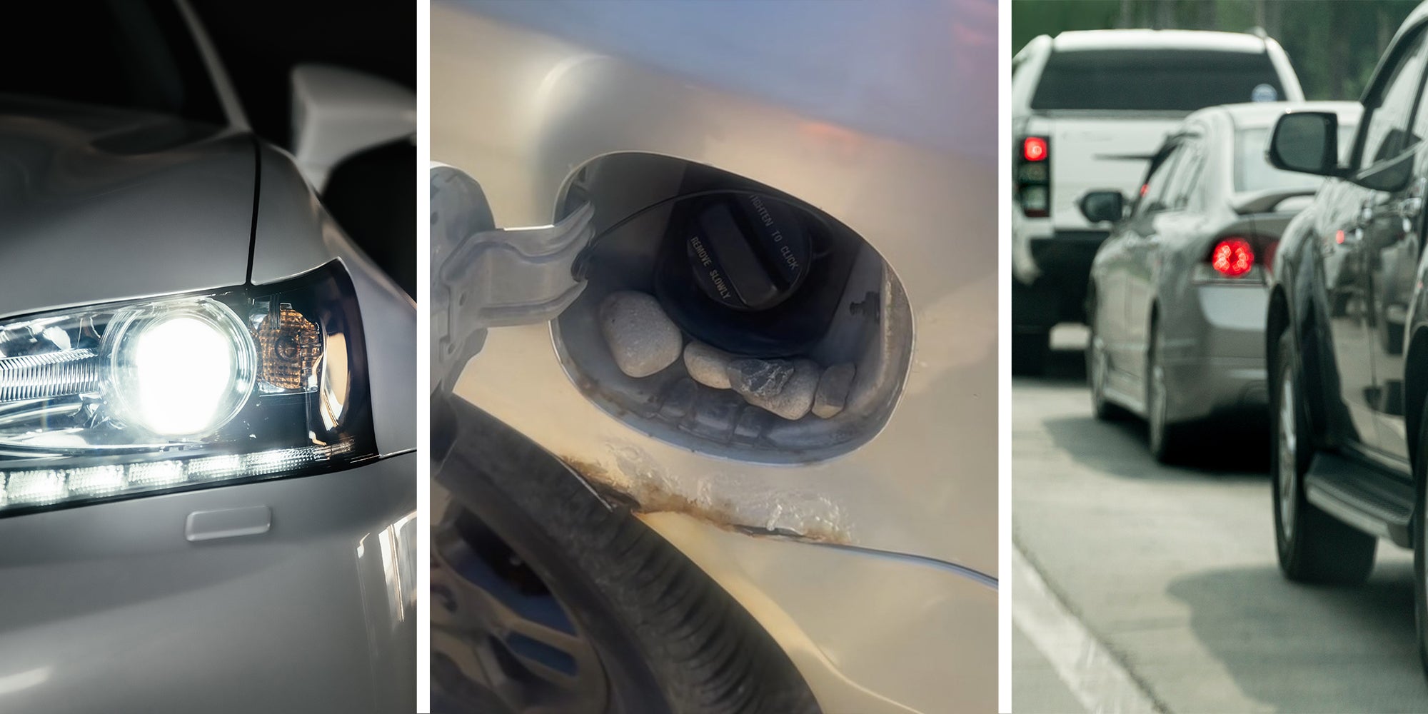 vehicle high beam light(l) Rocks on Gas Tank(c) cars driving close to each other(r)