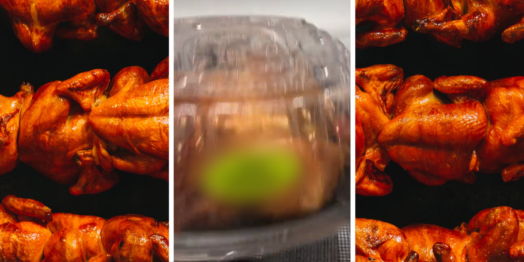 3 panel image of rotisserie chicken.