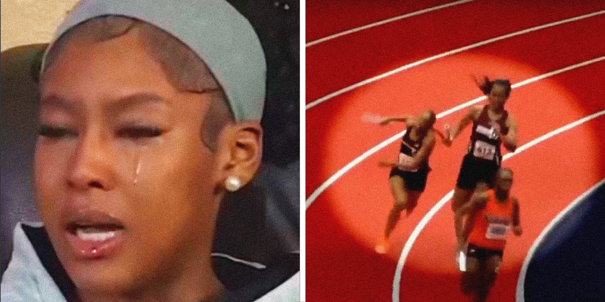 2 panel image showing a person crying on the left and a still from the video of the high school track meet where the incident occurred.