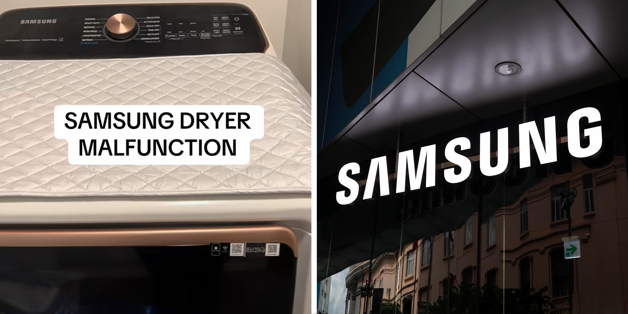 2 image split. Samsung dryer with overlaying text that reads: 'Samsung dryer malfunction' on left. Samsung storefront on right.