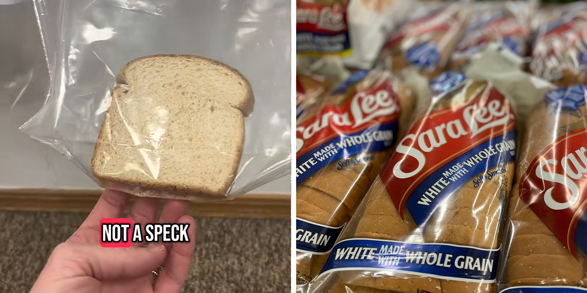 Piece of bread in sandwich bag being held up by hand with text that reads: 'Not a speck' on left. Sara Lee bags of bread on right.